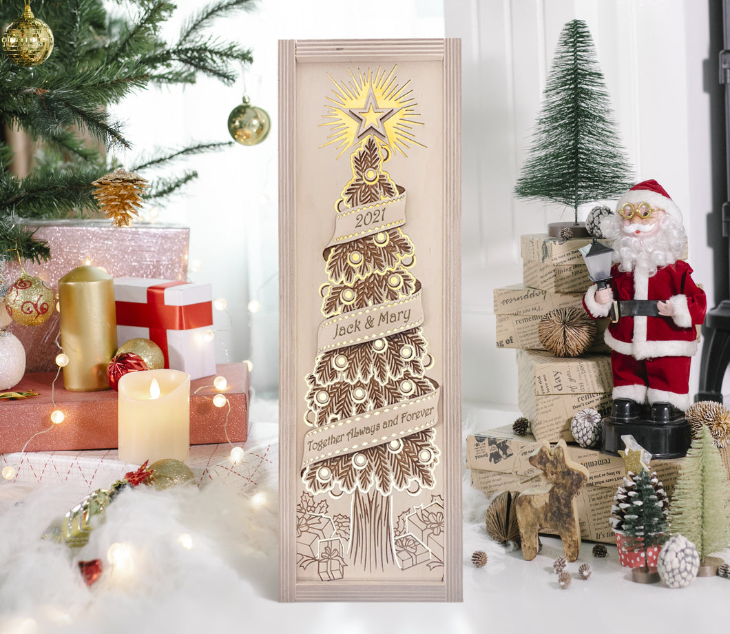 Christmas Wine Box Gift, BOGO Custom Engraved Tree Holiday Lantern, Decoration Keepsake Ornament, Personalized Wine Lovers Party Present