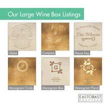 Load image into Gallery viewer, Custom Engraved Wine Box Gift Set, First House Keepsake Box, Personalized Housewarming Present, Three Bottles of Wine, Wine Glass Holder
