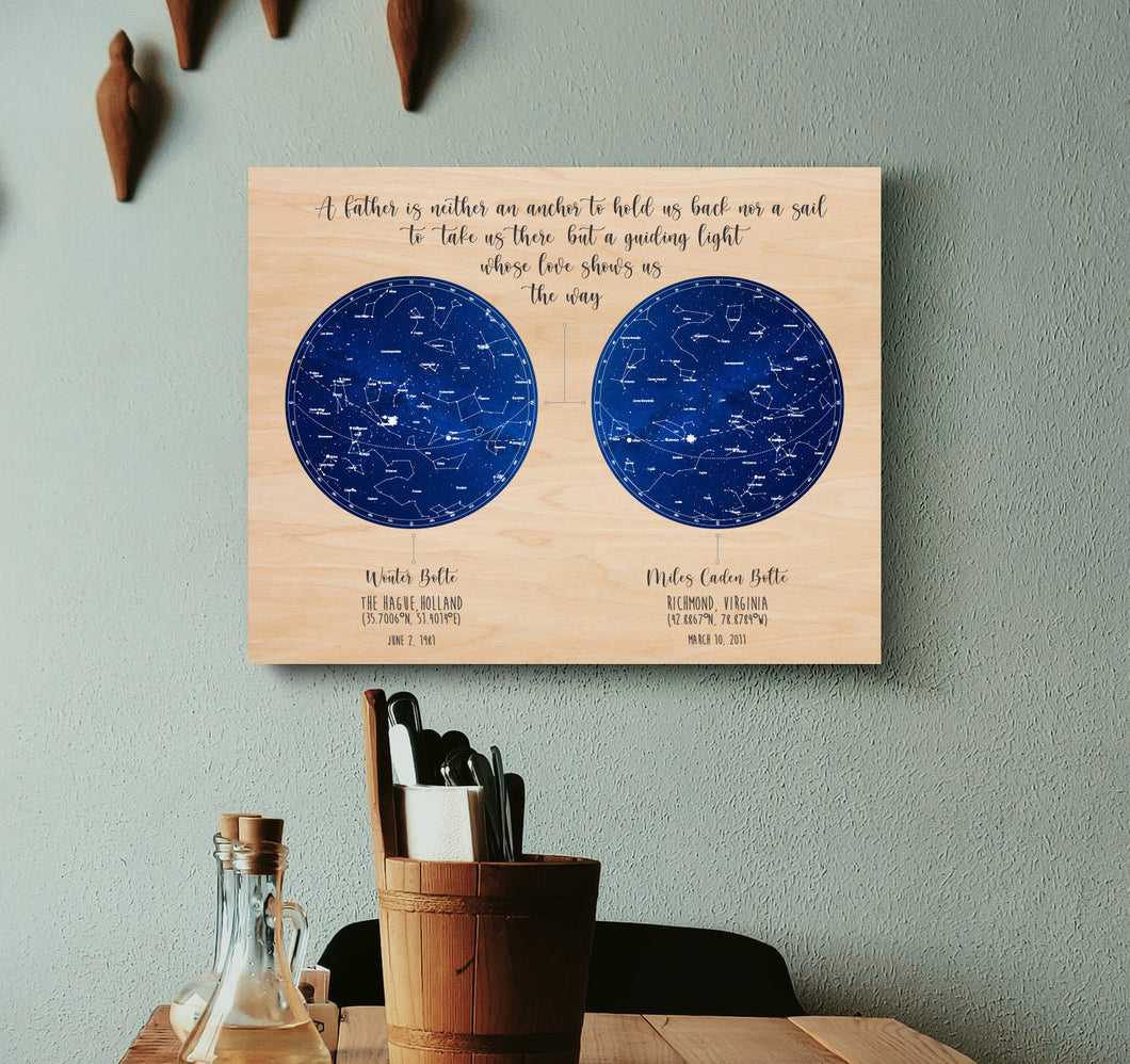 Custom Double Star Chart Birthday Star Map Wood Print Gift For Dad Mom Siblings Couples With Personalized Text Quote or Special Message