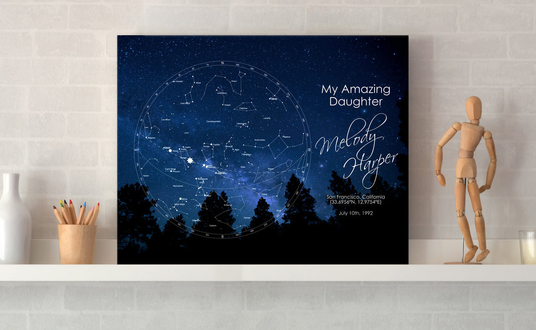 Custom Birthday Star Chart Sky Map Print On Wood, Personalized Gift for Family Father Mother Sister Brother Sibling Friend