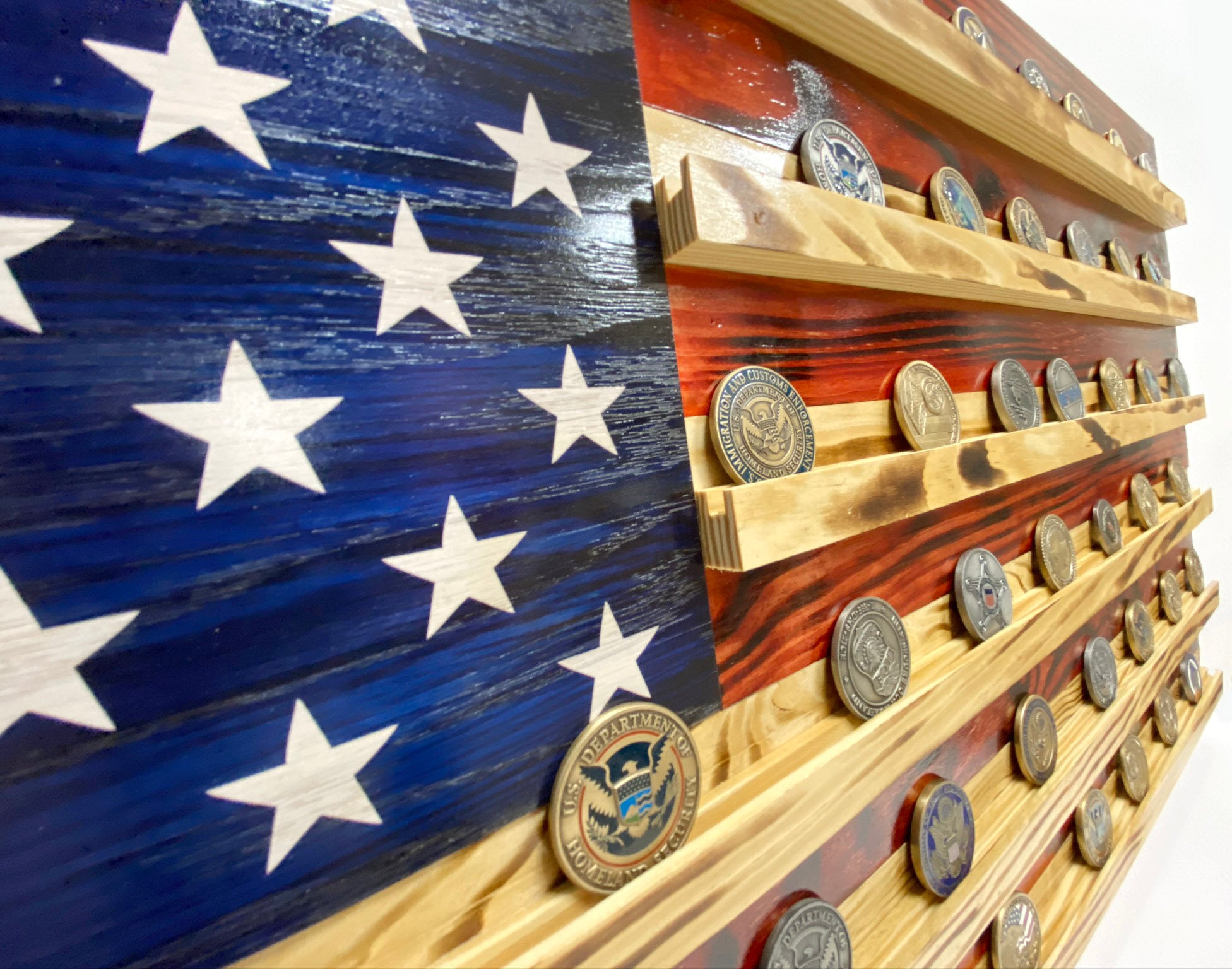 Handmade American Flag Challenge Coin Hanging Wall Display Rack