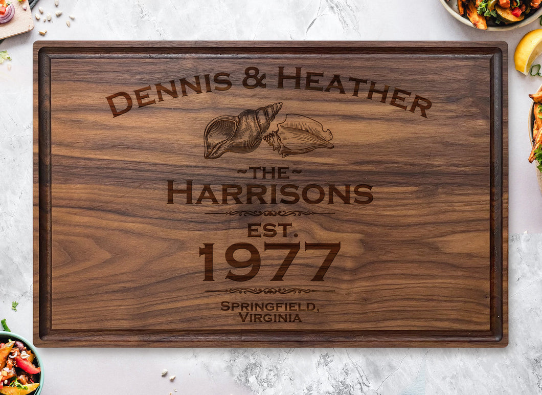 Classic Custom Solid Walnut Engraved Cutting Board with Juice Groove, Personalized Wood Gift for Wedding Housewarming Holiday Present