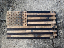 Load image into Gallery viewer, Handmade American Flag Display From Bourbon Barrel Staves, Rustic Americana Home Decor, Patriotic Wall Art, Custom Personalized Plaque
