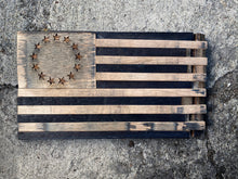 Load image into Gallery viewer, Handmade American Flag Display From Bourbon Barrel Staves, Rustic Americana Home Decor, Patriotic Wall Art, Custom Personalized Plaque
